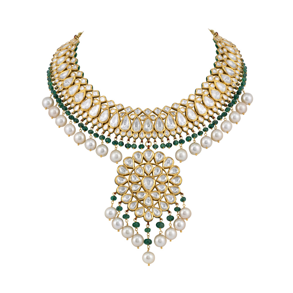 Polki and Pearl Choker Necklace with Emerald Accents